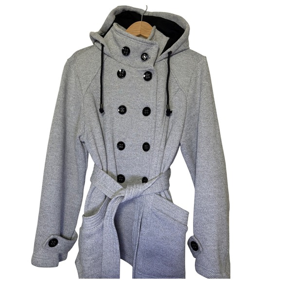 Sebby Jackets & Blazers - Sebby Double Breasted Hooded Trench Coat Belted Gray Herringbone XL Urban Chic